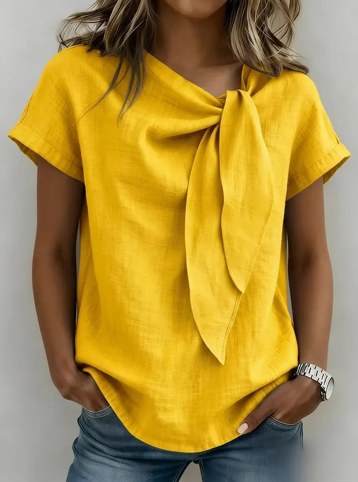 Elegant Women's Cotton Linen Blouse Bow Detail Casual Shirt Comfortable Fashionable Twist Top for Ladies_ecoleips.com