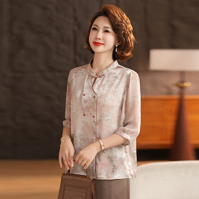 Новая мама летняя темпераментная топ среднего возраста женская модная рубашка среднего и пожилого китайского стиля с воротником с короткими рукавами футболка