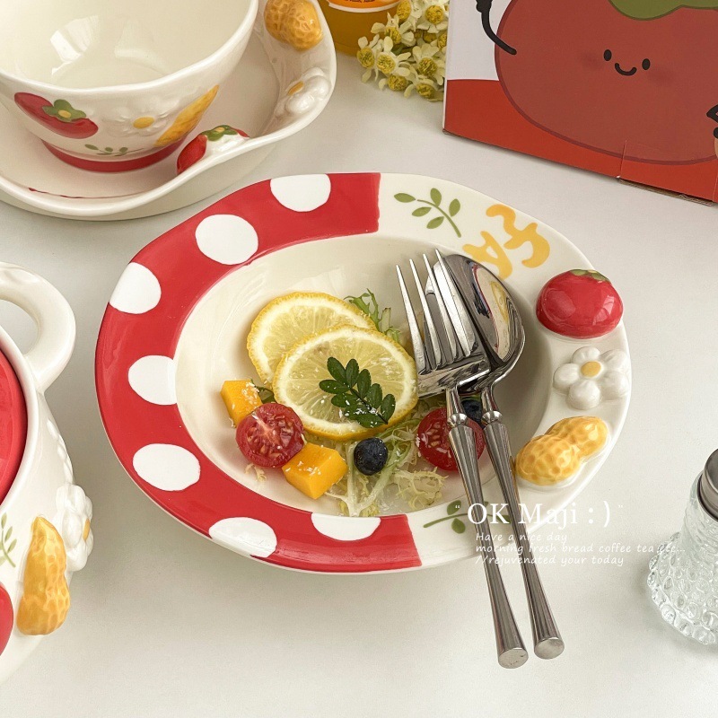 1人用の美しい朝食プレート、かわいい食器、絶妙なデザートプレート、麦わら帽子プレート、釉下色のセラミックフルーツサラダプレート|undefined