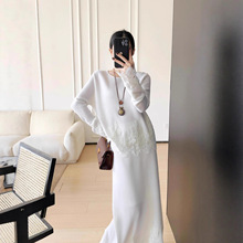 南油高端女装2025新款法式温柔风蕾丝拼接针织上衣+半身裙套装