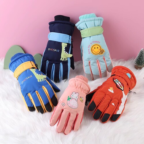 Thick padded winter snow gloves for children aged 3-17, with features including cold insulation, waterproof, windproof, anti-slip, and snow play.