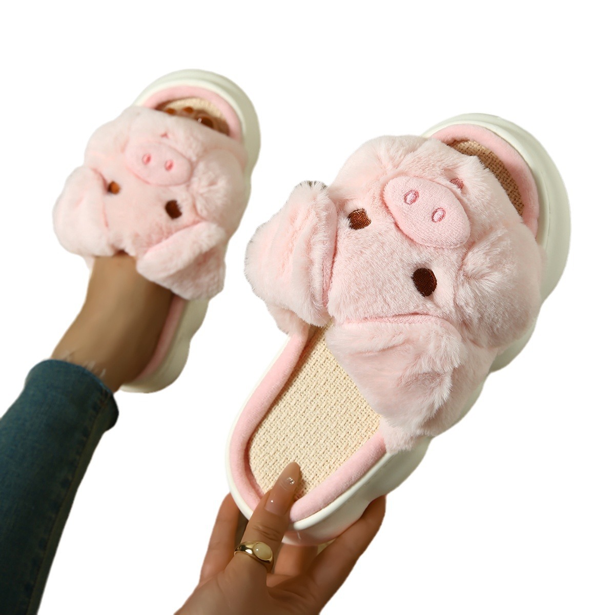 Zapatillas de piel de cerdo de cerdo de otoño y invierno de algodón interior para el hogar de calentamiento de fondo grueso de peluche de dibujos animados vacas de alta caliente