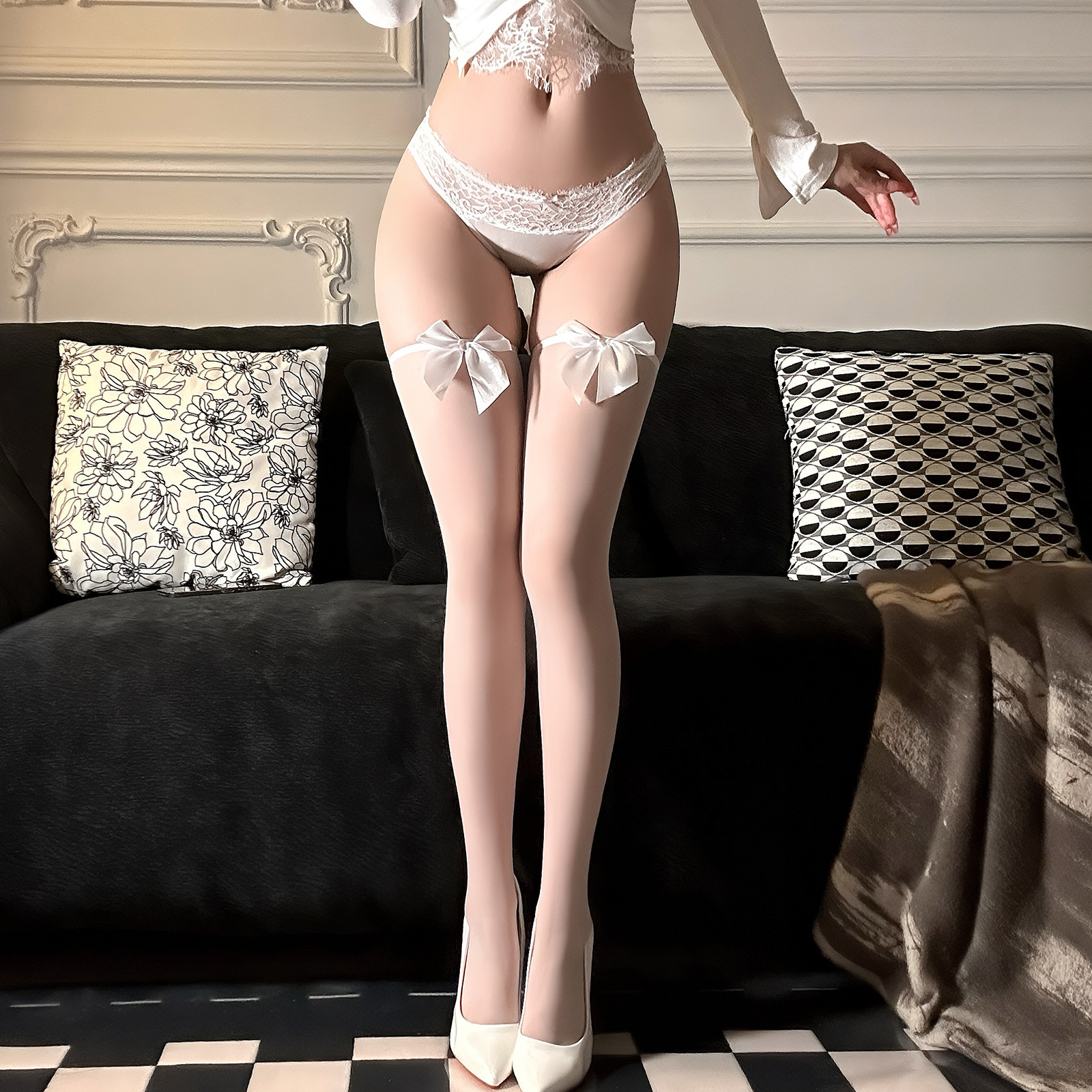 Jinxiao Sexy Stockings Black Long Bow Sexy Ultra-Thin Women's Thigh Socks over the Knee Passion Qqny Abstinence