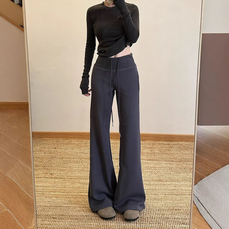 春秋微喇叭卫裤女高腰显瘦宽松绑带抽绳运动休闲直筒阔腿拖地裤子|undefined