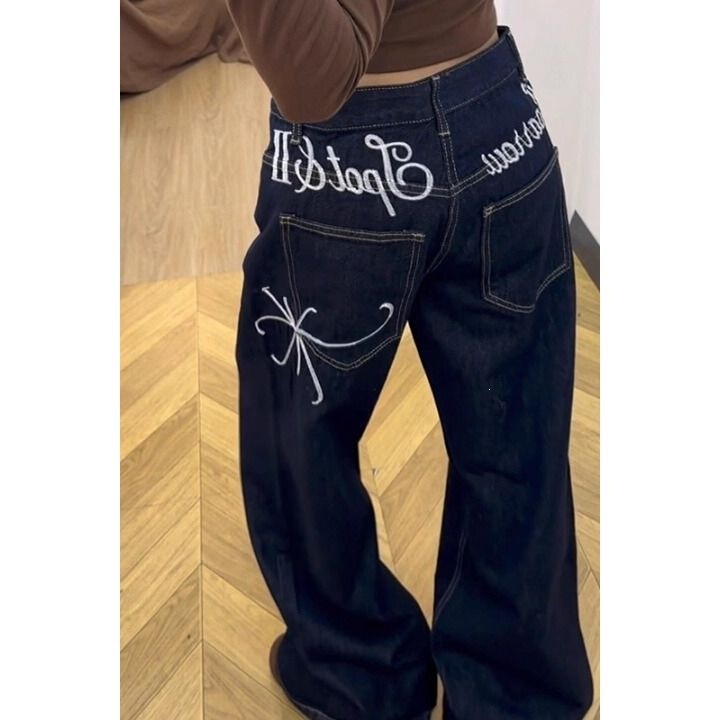American Retro Deep Blue Letter Embroidery Jeans, Trendy Brand, Stylish and High-End Denim, Straight-Leg Pants with a Unique Silhouette