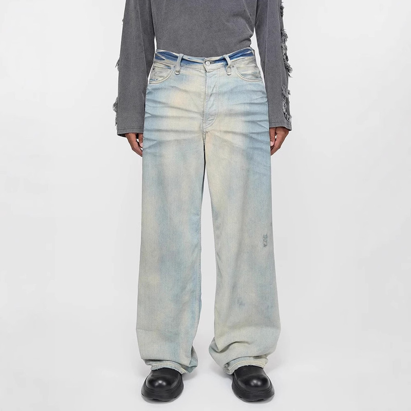 Ac Style 1981m Washed Distressed Handmade Frayed Whiskered Jeans Casual Loose Mid-High Waist Straight Pants