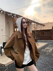 美拉德复古仿麂皮绒长袖外套女2025秋季新款宽松翻领休闲机车夹克