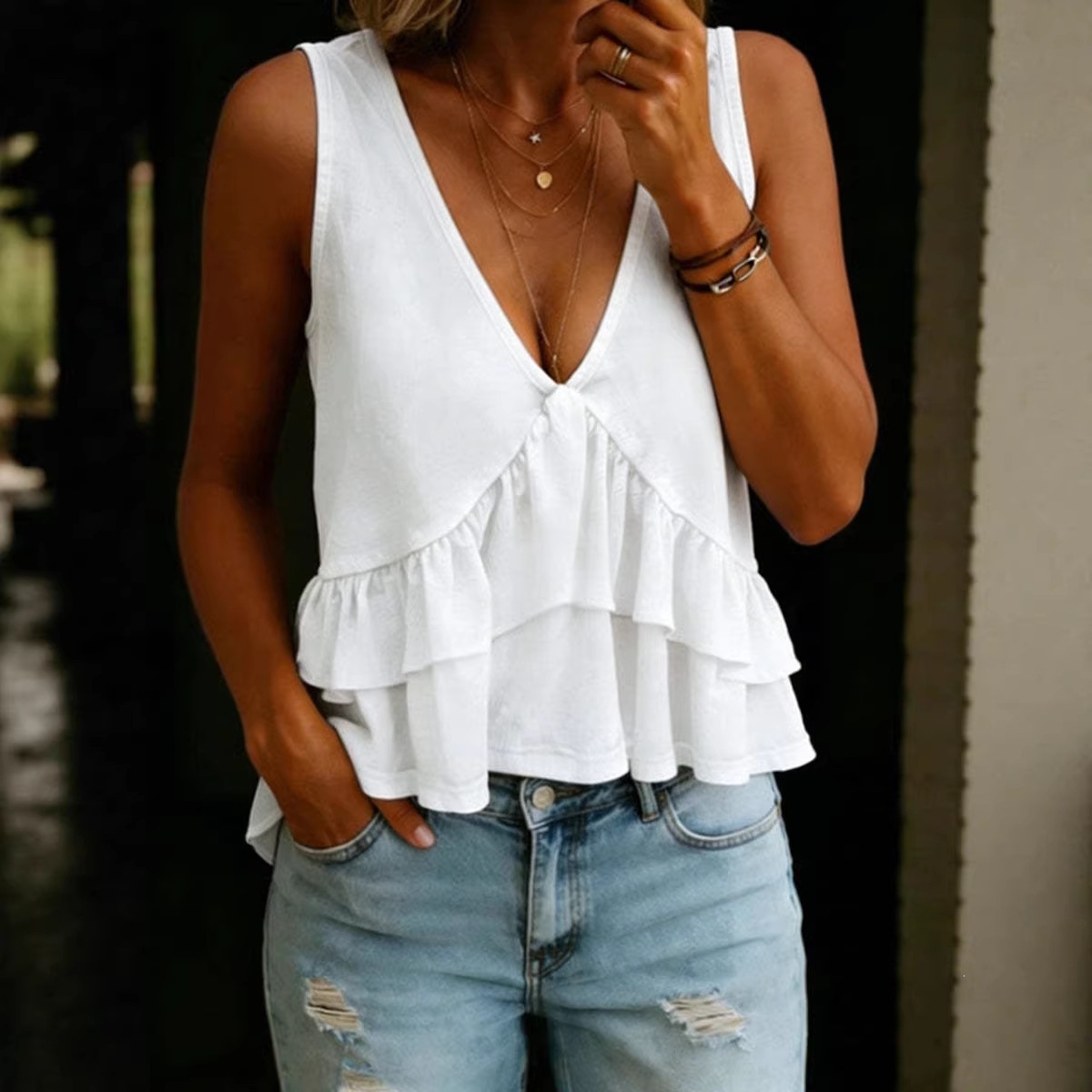 Spring Summer Women's Clothing Solid Color V Neck Ruffled Sleeveless Top Or Vest_ecoleips.com