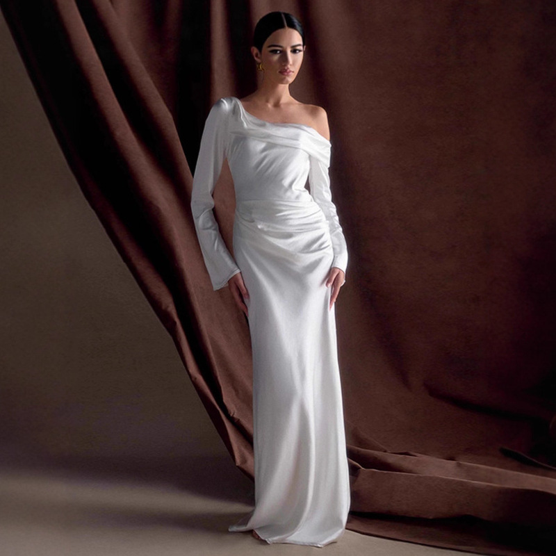Cross-Border European and American Style One-Shoulder Satin Pleated Dress, Slim-Fit Long Gown, Ins-Style Banquet Party Red Carpet Women's Clothing