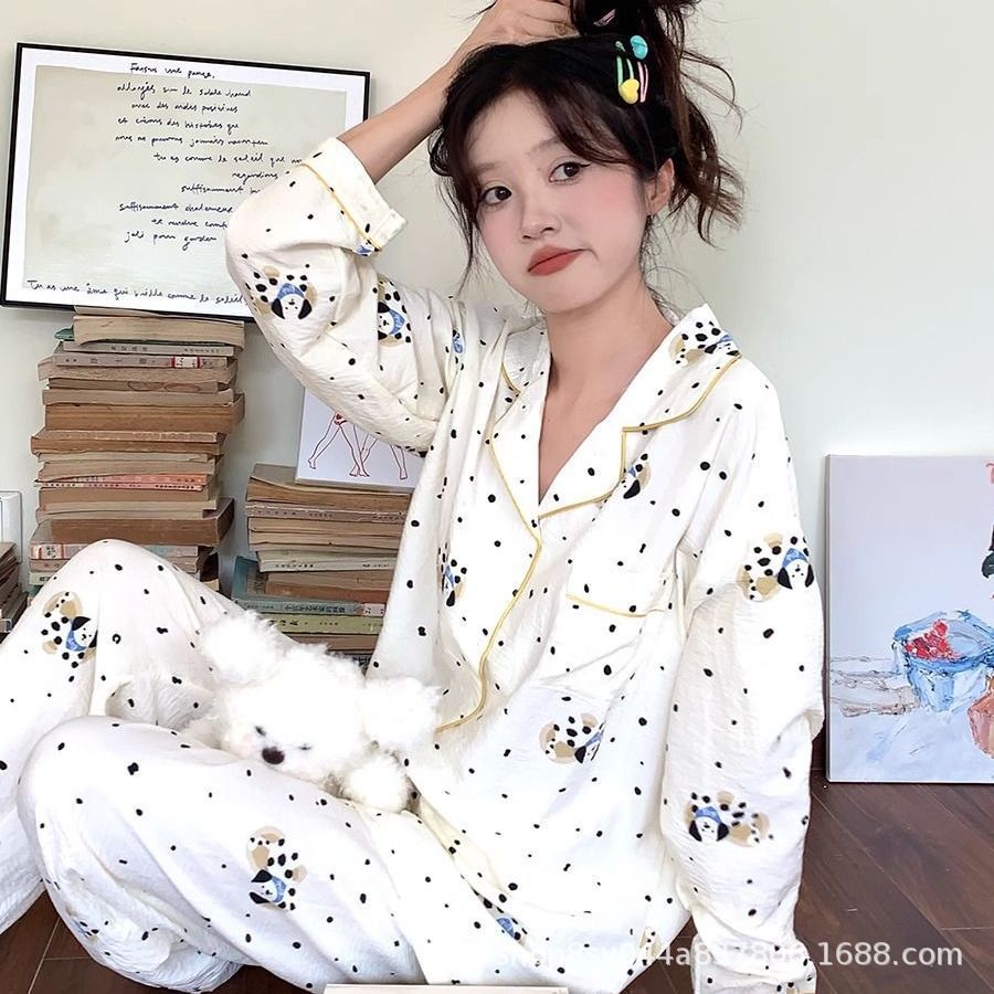 Dolce niña encantadora caricatura perro impresión pijama mujer primavera y otoño nuevo suelto pantalones largos de mangas largas set de ropa para el hogar