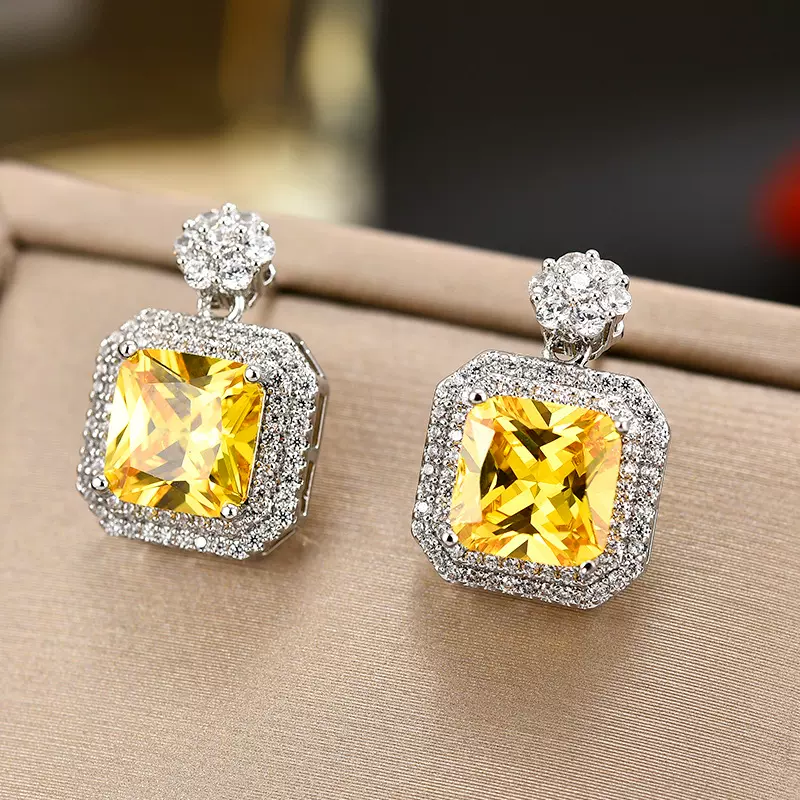 新款黄水晶耳钉女复古宫廷风气质大颗彩锆石夸张母亲节礼物