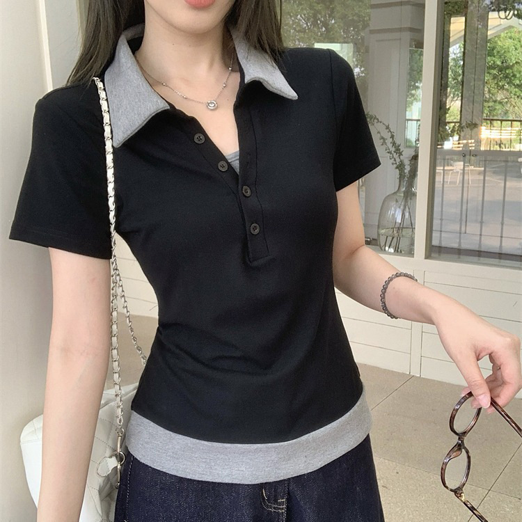 2025 New Style Fake Two-Piece Color-Blocked Polo Shirt, Slim Fit, Korean Design, Niche Short-Sleeve Top, Women's T-Shirt