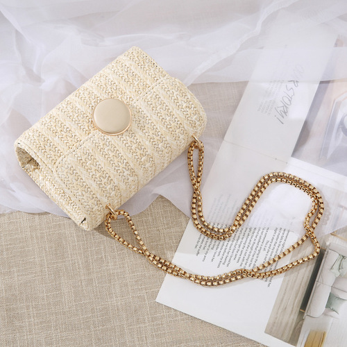 2024 New Model Wicker Bag Rustic Style Small Square Bag Bohemian Seaside Vacation Style Chain Single Shoulder Crossbody
