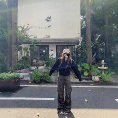 美式直筒迷彩工装裤女春夏休闲百搭高腰宽松显瘦阔腿牛仔拖地裤子