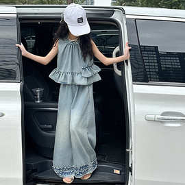 女童夏装套装2026夏季新款儿童牛仔无袖上衣背心阔腿裤洋气两件套