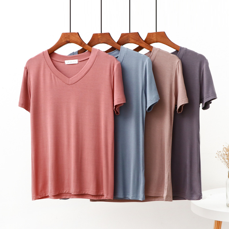 Summer New Bit Cotton V-neck Short Sleeve Base Shirt Thin Loose Slimming Solid Color T-shirt Elegant Commuter Women's Top
