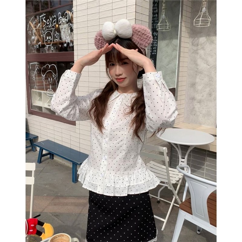 French-style white polka dot doll collar shirt for women, spring design with back tie, cute lace long-sleeve top