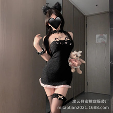 情趣内衣性感毛绒修身猫女郎包臀裙火辣露背黑色裹胸连衣裙睡衣