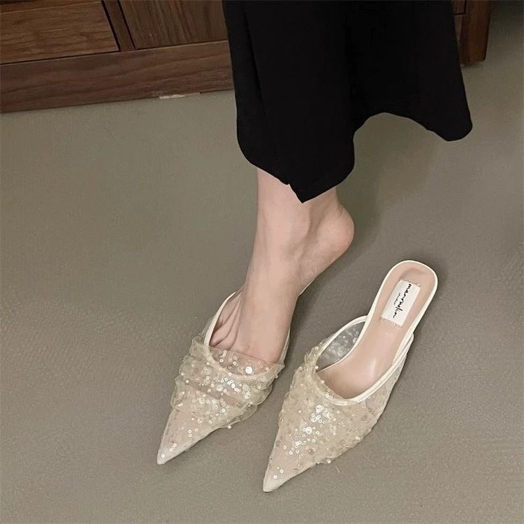 Французские юбки с высокими каблуками и полутапочками Летние осенние темпераментные туфли на высоком каблуке нежные одиночные туфли с блестками