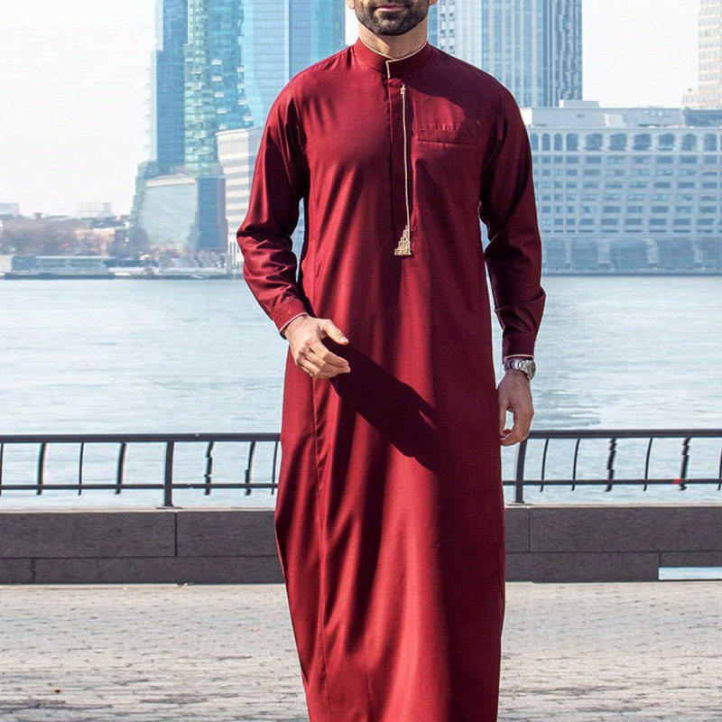 Men's Traditional Style Red Embroidered Prayer Long-Sleeved Robe Islamic Qamis Men's Traditional Style Red Embroidered Prayer Long-Sleeved Robe Islamic Qamis