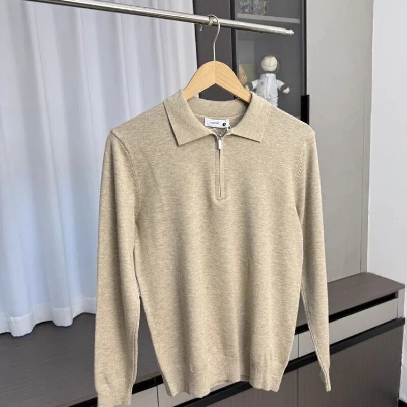 Fashion Pullover Autumn and Winter Men's Simple New Casual Knit Sweater with Zipper and Stylish Solid Color Collar