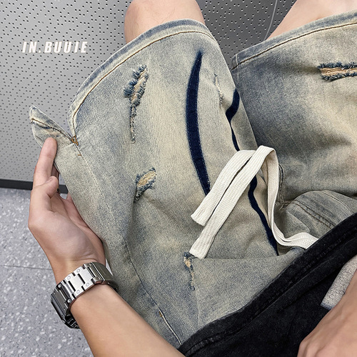 American-style distressed jeans for men, streetwear summer denim shorts, trendy brand, retro, Instagram, Western European and American style, hip-hop, five-pocket pants