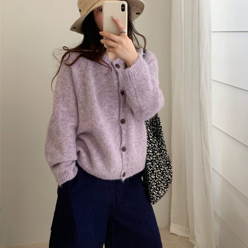 韩系温柔风彩纱圆领毛衣外套女秋冬新款宽松百搭软糯针织开衫上衣|undefined