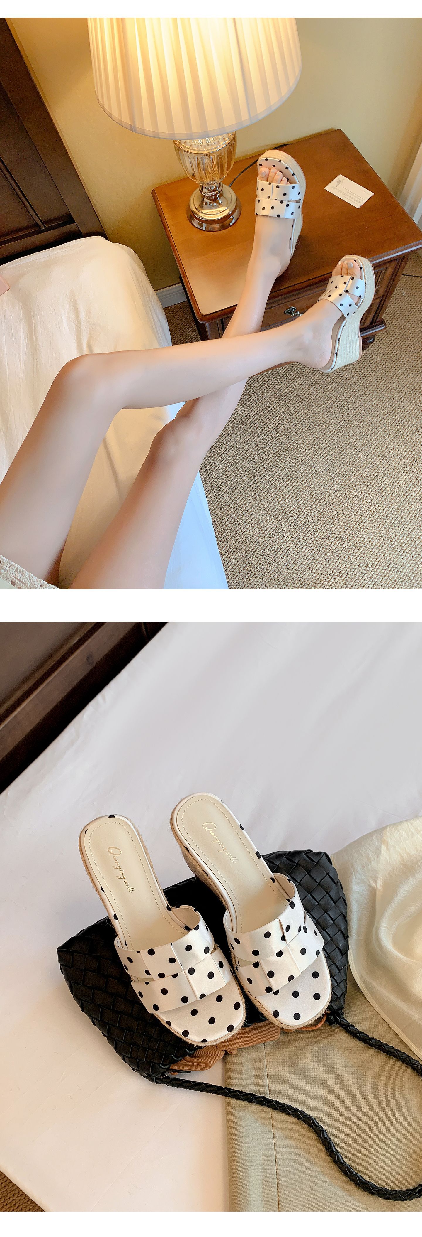 Dép sandal nữ xỏ ngón đế bệt hở mũi chấm bi phong cách lười — Da bò trắng, Satin trắng chi tiết 9