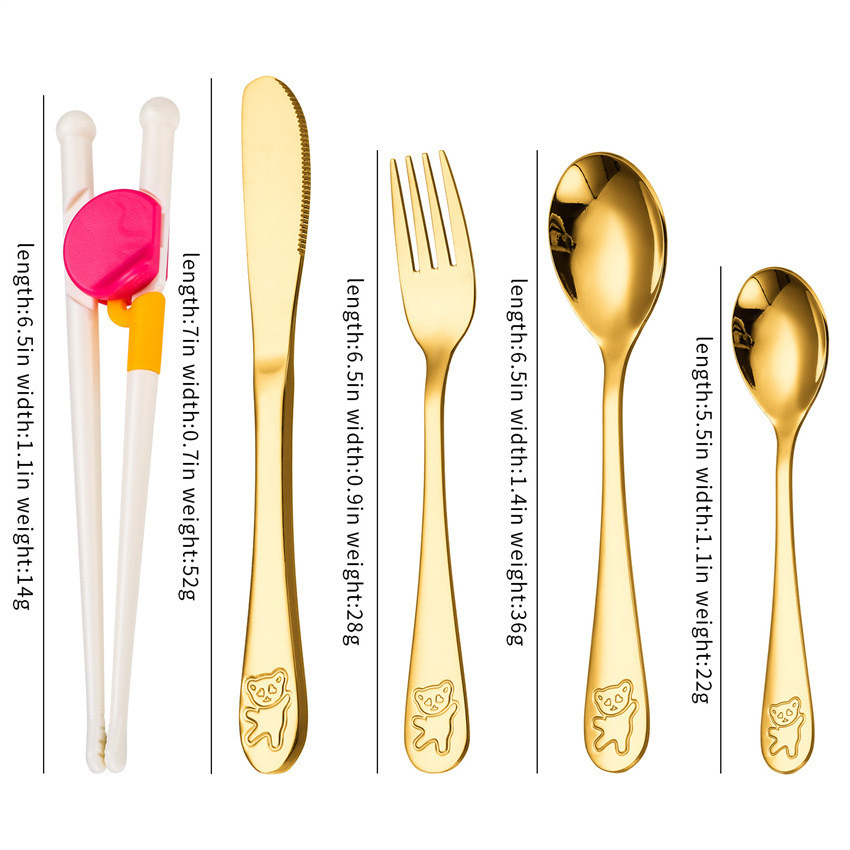 Creativo 304 de acero inoxidable cuchillo para niños, tenedor y cuchara palillos traje de dibujos animados de alto aspecto cuchara de entrenamiento Tenedor Oso vajilla