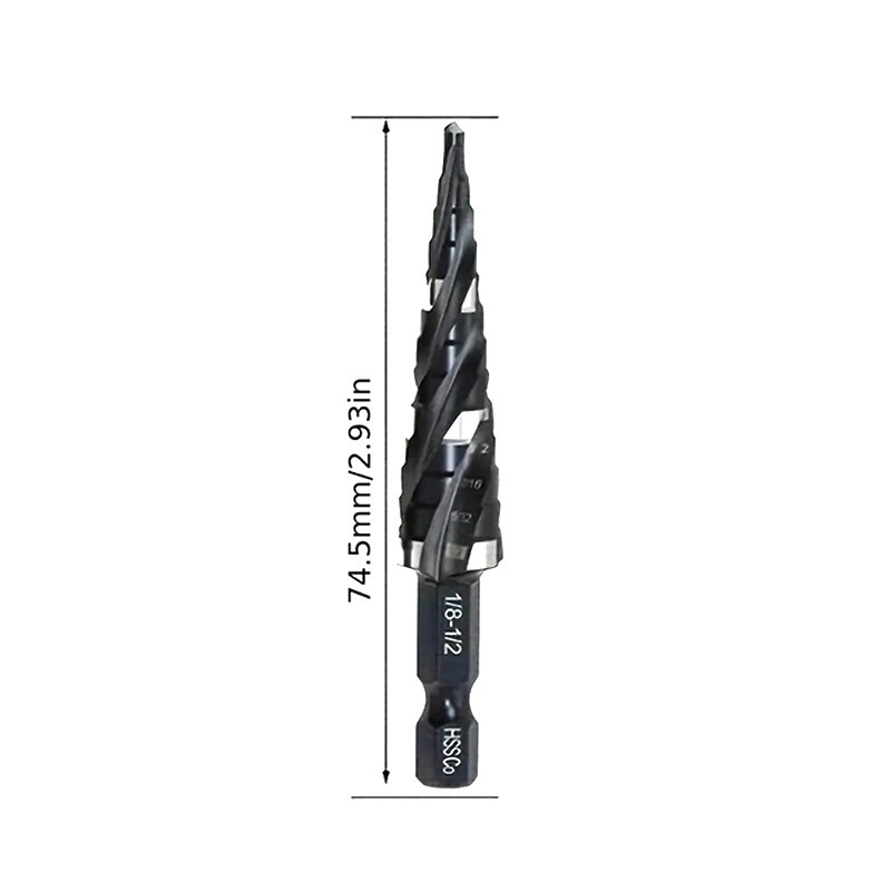 四螺旋槽阶梯钻头套装5PCS 1/8"-1-3/8" 1/4"3/8"高速钢金属钻头|undefined