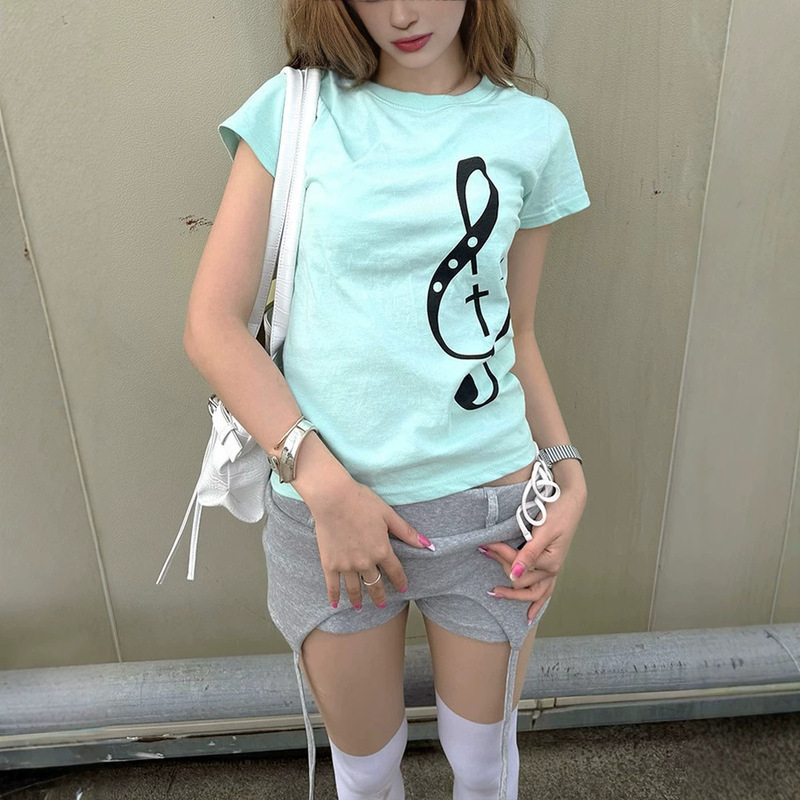 Y2K Korean Style Spicy Girl Sweet Girl Musical Note Print Short-Sleeve T-Shirt for Women, Ins Niche Design, Slim Fit, Exposed Waist Y2K Korean Style Spicy Girl Sweet Girl Musical Note Print Short-Sleeve T-Shirt for Women, Ins Niche Design, Slim Fit, Exposed Waist