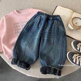 邦诚儿童加绒牛仔裤2025冬季新款男女童拼接宽松休闲裤宝宝裤子潮