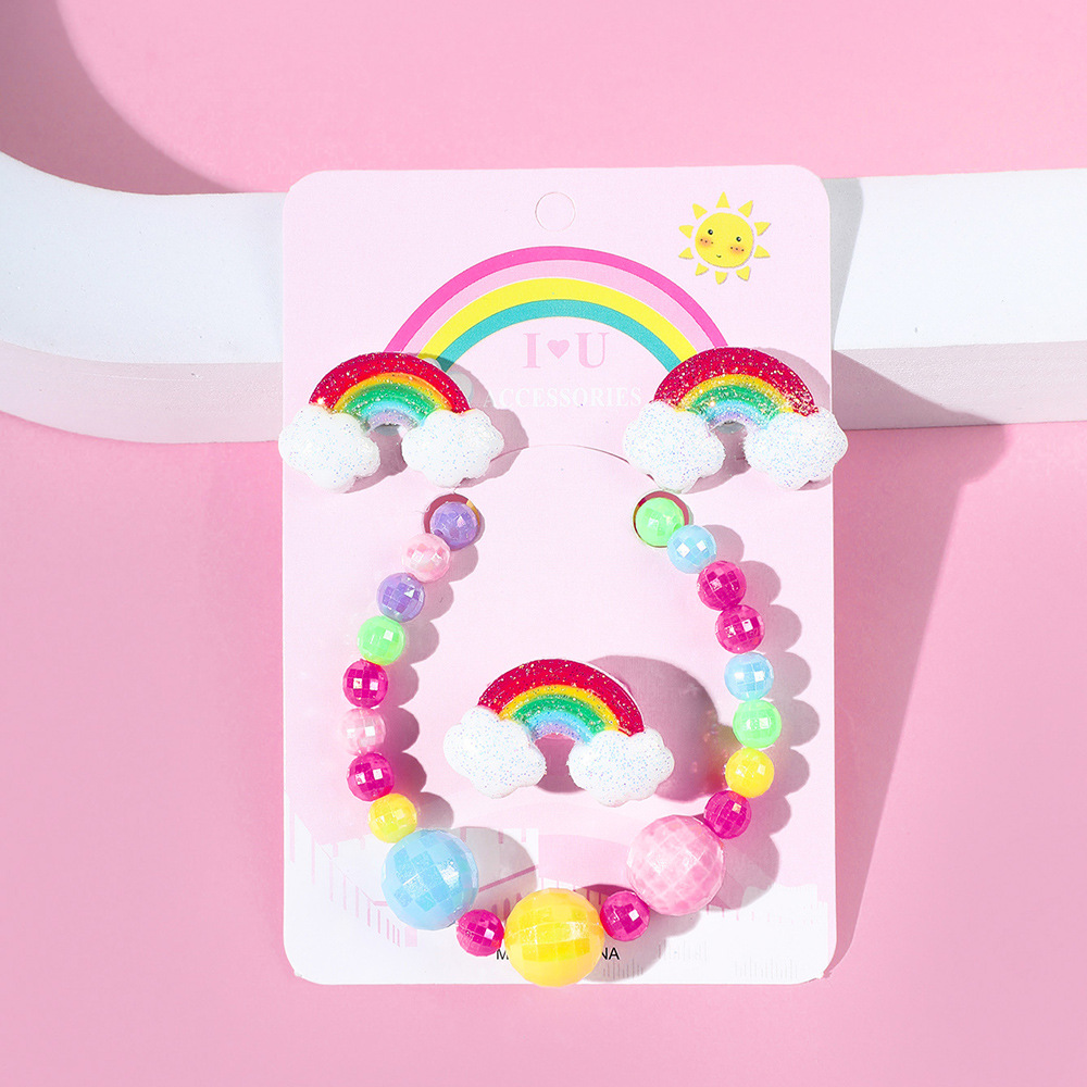 Regenbogen decor Acryl Handgemachte Perlen Ohrring Ring Armband DreiStck Setpicture2