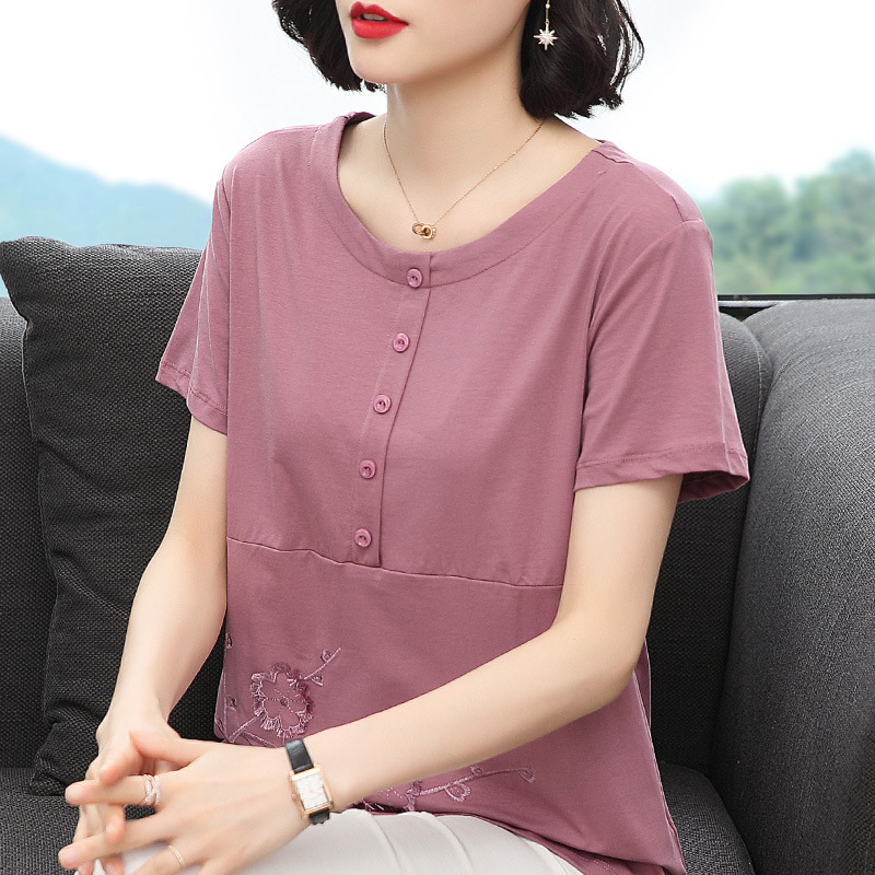 Embroidered Short-sleeved T-shirt Women's Summer 2022 New Loose Middle-aged Women's Fifty-year-old Mother Purple Button Top Embroidered Short-sleeved T-shirt Women's Summer 2022 New Loose Middle-aged Women's Fifty-year-old Mother Purple Button Top