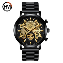 Men's Multifunction Calendar Watch, Hollow Men's Student Watch Black Gold Business Waterproof Trendy Steel Strap Watch for Men