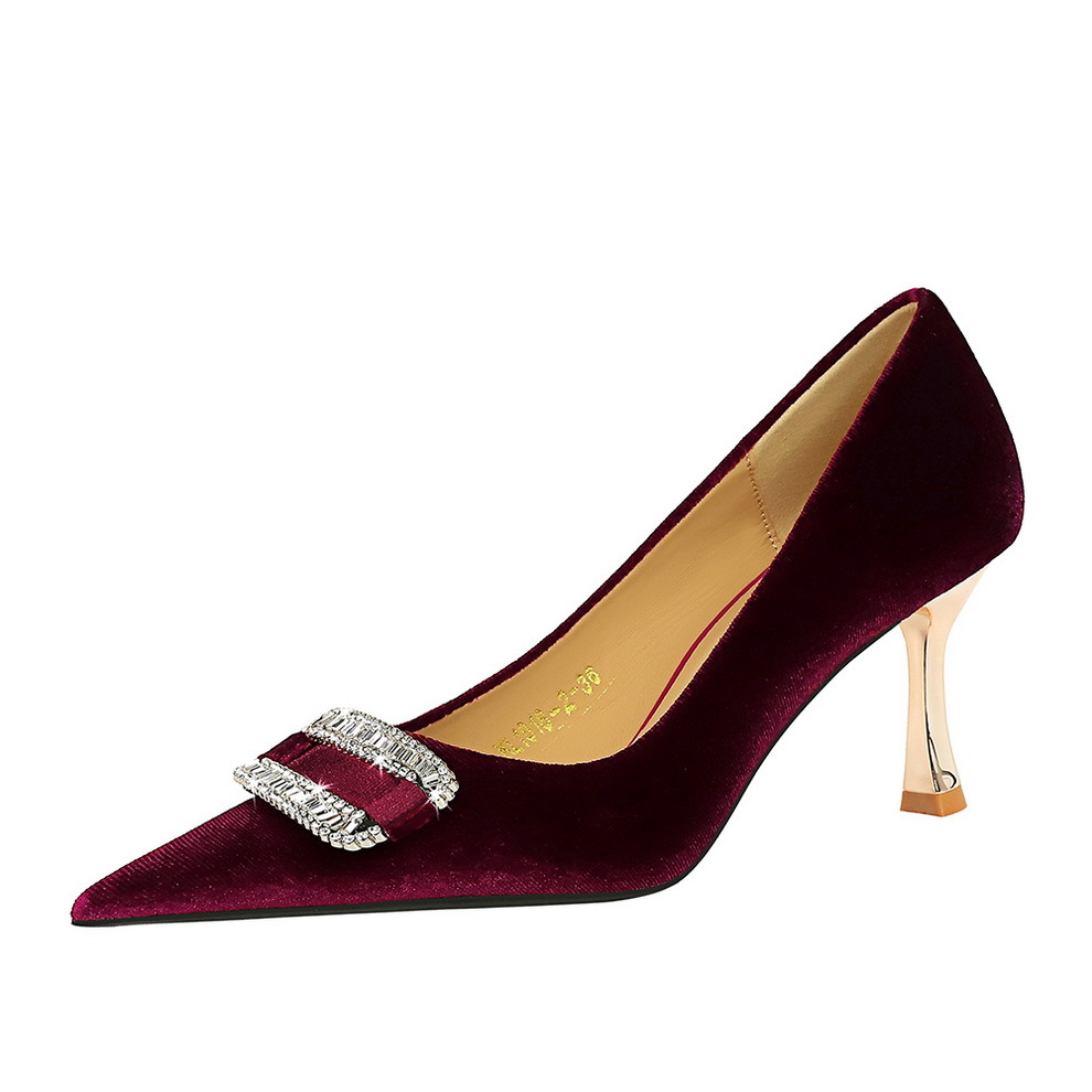 1818-K76 European And American Style Fashionable Party Women's Shoes, High-heeled, Shallow Pointed Toe, Suede, Metal_vogvips.com