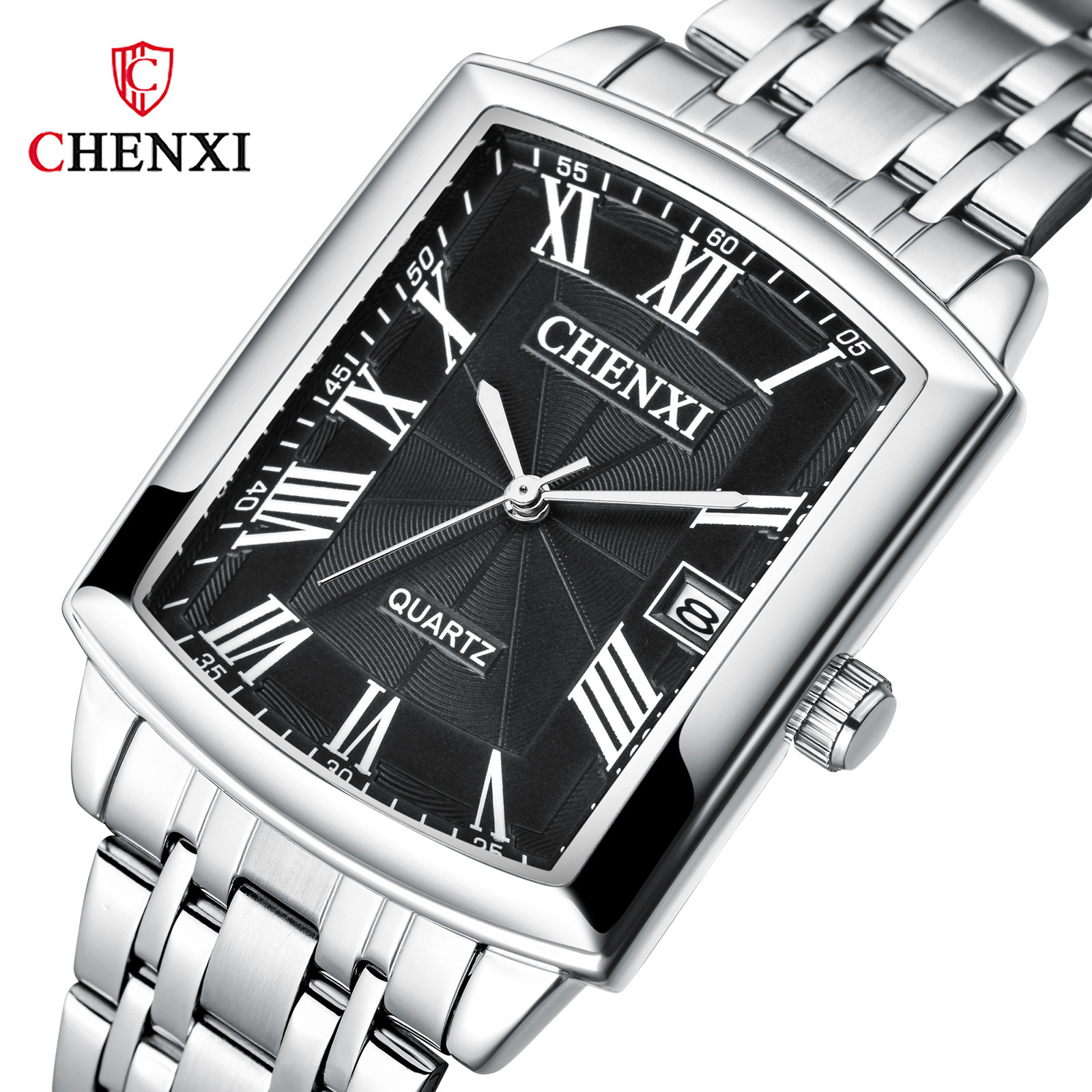 Reloj de pareja chenxi escala romana calendario de ocio reloj de cuarzo correa de acero cuadrada reloj de hombre 079A