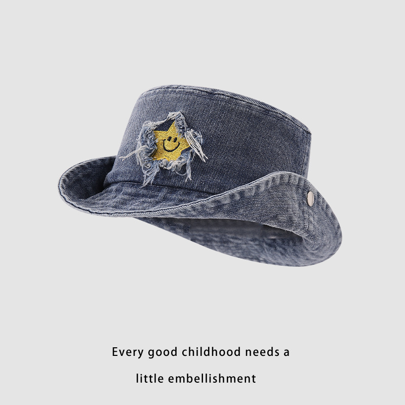 Los vaqueros occidentales personalidad de los niños flanged sombrero pescador primavera y otoño estrellas vaqueros sombrero de camping sombrero de montaña