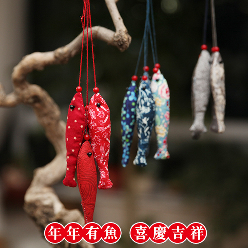 Patchwork estilo antiguo pescado coche colgante bolsa joyería suéter cadena bordado decorativo hecho a mano DIY llavero colgante