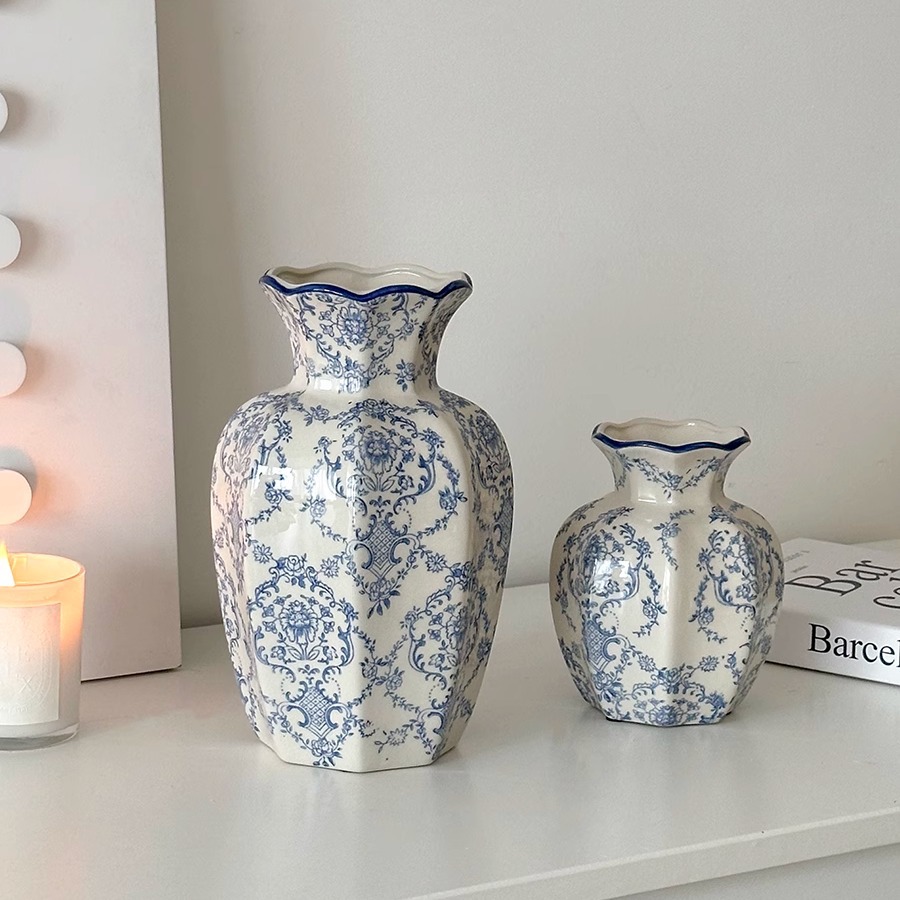 Flor azul porcelana vintage flor de cerámica decoración floral sala de estar vasijas de cerámica decoración de lujo ligera nueva flor china