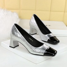 5299 Korean version banquet women's shoes Mary Jane cracked splicing commuting high heels mid heel thick heel square toe simple single shoe