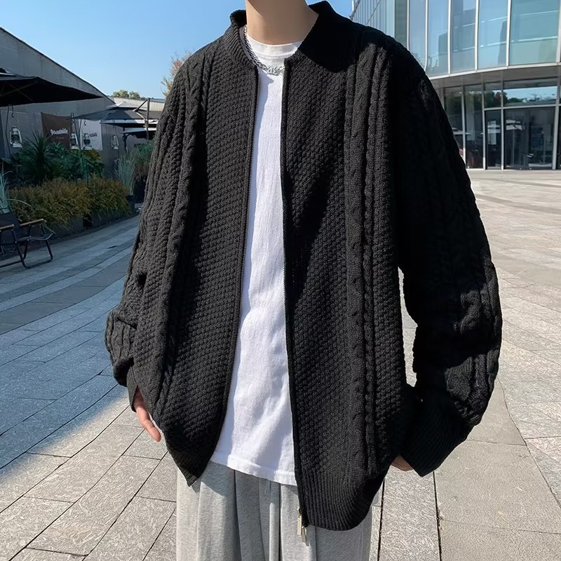 Hermoso y versátil color sólido patrón de piña manga larga tejido hombre estilo Hong Kong retro waffle cardigan chaqueta otoño ropa casual