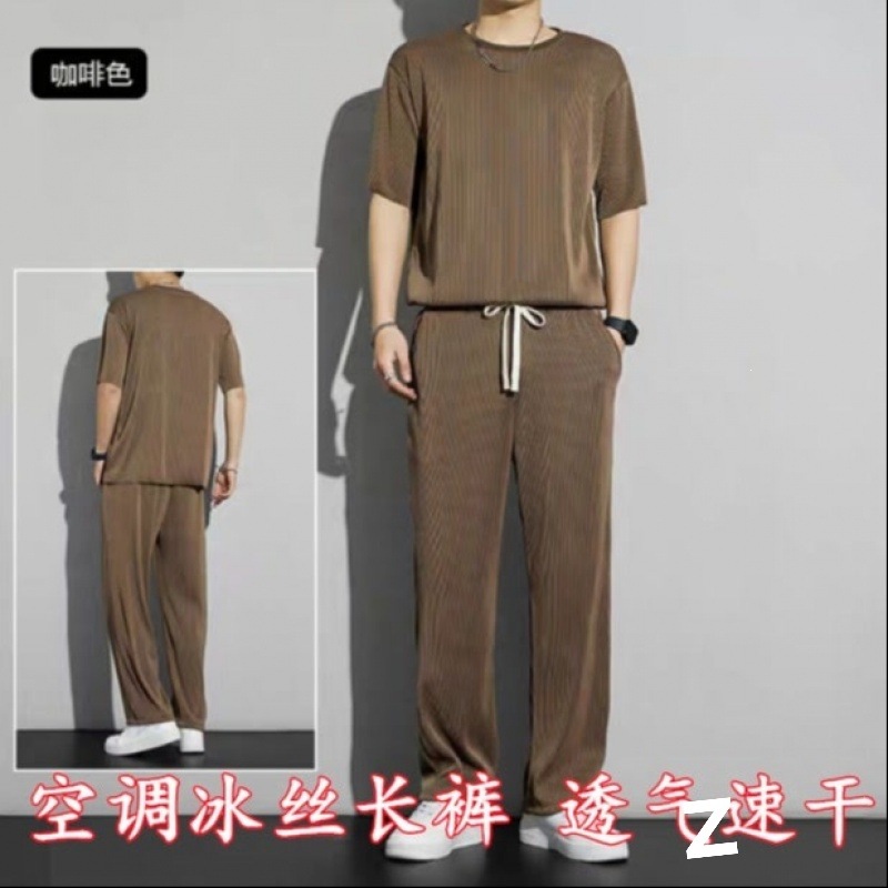 ice silk sports suit men‘s summer thin short-sleeved t-shirt quick-drying casual long pants outfit half sleeve clothes one set