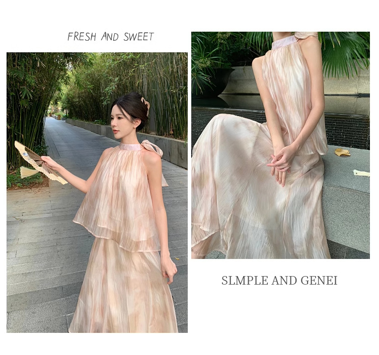 【中國直郵】 奢笛熊 新中式國風復古紮染油畫掛脖上衣 夏季高腰寬鬆半身裙 兩件套裝 M碼