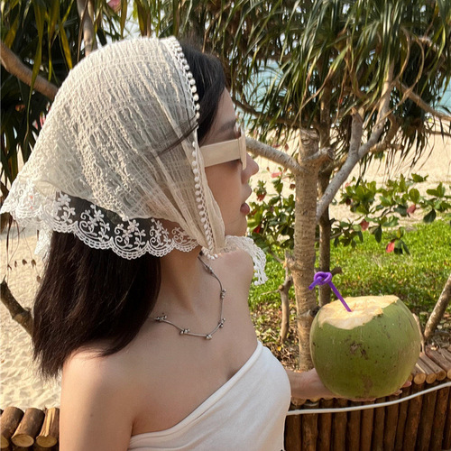 French pastoral style lace triangle scarf summer sun protection thin breathable headscarf headband fashion versatile ribbon scarf