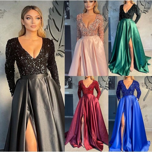 European and American Foreign Trade Cross-Border Amazon Hot-Selling Summer Party Dress Long Sequin Dress Evening Gown