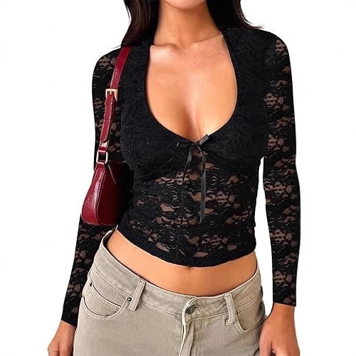 Women's Long-Sleeved Going Out Top, Lace V Neck Mesh Navel-Baring Shirt, Sexy and Cute, Autum Fashion Clothing