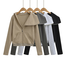 设计感拉链斜领开衫卫衣女2025秋季款美式不规则翻领修身外套上衣