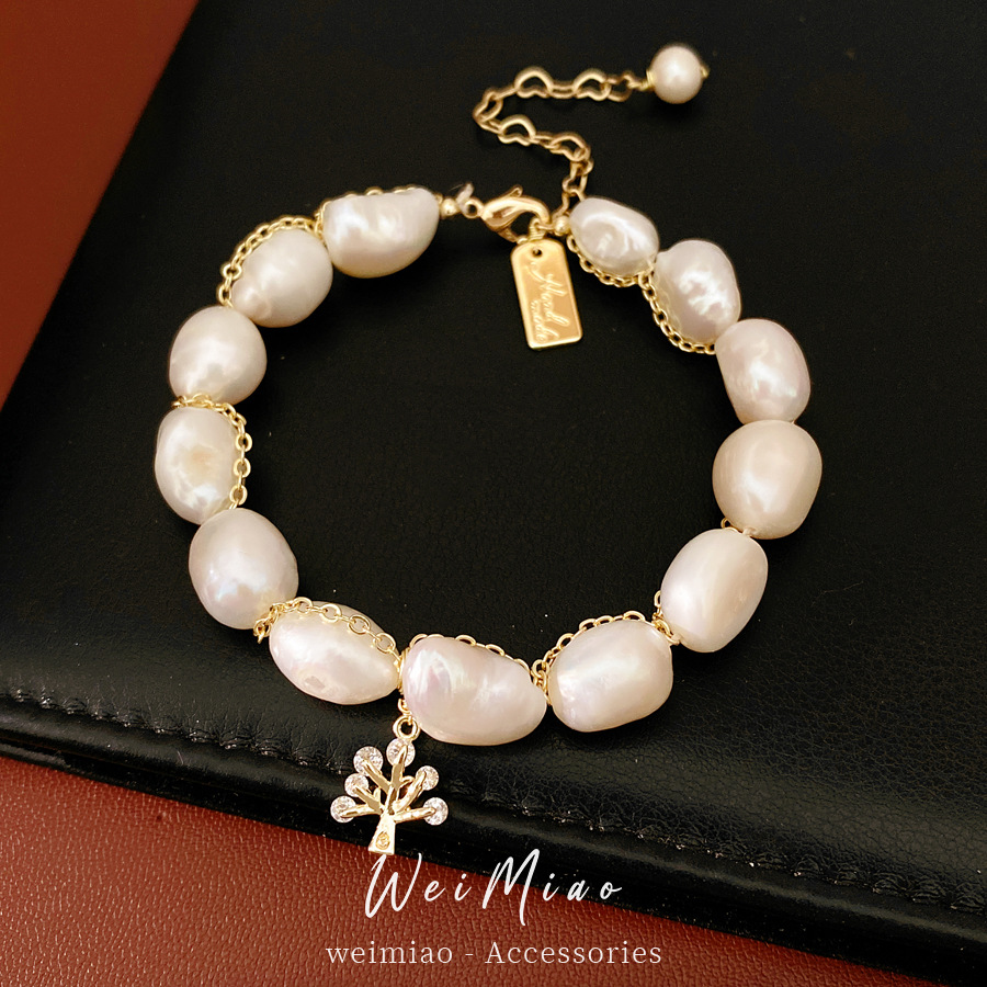 18 quilates de oro real, pulsera de perlas de piedra de agua dulce, pulsera de nicho de lujo ligera, joyería de alta calidad