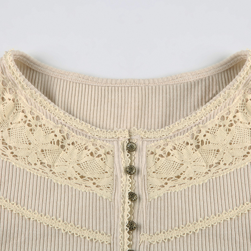 Autumn Winter Women Clothing Internet Lace Stitching Split Breasted round Neck Slim Fit Base Long Sleeve T shirt for Women